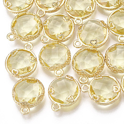 Glas Anhänger / charms, mit Messing-Zubehör, facettiert, flach rund mit Herz, golden, Gelb, 14x11.5x4.5 mm, Bohrung: 1.5 mm