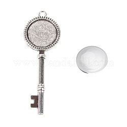 Ensembles pendentif théière, avec pendentif en alliage supports cabochon et cabochons de verre, clé, argent antique, Plateau: 20 mm, 70x25x3mm, Trou: 3mm, 19.5~20x5.5mm