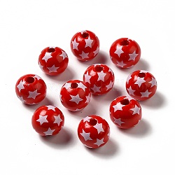 Perline di legno naturale stampate a tema giorno dell'indipendenza, tondo con il modello stella, rosso, 16x14.5mm, Foro: 3.5 mm