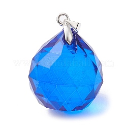 Anhänger aus facettiertem, tropfenförmigem, transparentem Glas, mit Messing-Zubehör, Verdeck blau, 28x20.5 mm, Bohrung: 4x4 mm