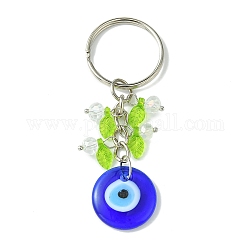 Porte-clés rond plat avec pendentif en lampe mauvais œil, avec breloque feuille en acrylique et anneaux brisés en fer, bleu, 7.4 cm