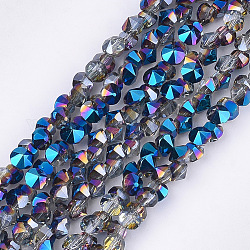 電気メッキガラスビーズセット  半分メッキ  多面カット  ダイヤモンド  ブルー  4~4.5x4x3~3.5mm  穴：0.8mm  約100個/連  11.8インチ