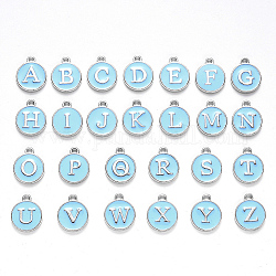 Anfangsbuchstabe a~z Alphabet Emaille Charms, flache runde Scheibe doppelseitige Charms, Platin überzogene emaillierte Legierungsanhänger mit Pailletten, Licht Himmel blau, 14x12x2 mm, Bohrung: 1.5 mm, 26 Stück / Set