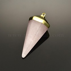 Brass Gemstone Cone Pendulum Pendants, Golden, Faceted, Rose Quartz, 35~43x19x17mm, Hole: 8x5mm