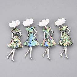 Shell Brooches/Pendants, with Alloy Findings and Resin Bottom, Woman, Platinum, Colorful, 85x31x12mm, Hole: 9x5.5mm, Pin: 0.6mm