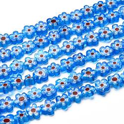 Chapelets de perle de millefiori en verre manuelles, fleur, bleu profond du ciel, 6.4~9x3.2mm, Trou: 1mm, Environ 56 pcs/chapelet, 15.75'' (40 cm)