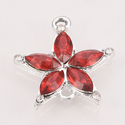 Alloy Links connectors, with Resin Rhinestones, Flower, Platinum, Red, 22x20x3mm, Hole: 1.5mm