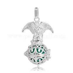 Silver Color Plated Brass Hollow Round Cage Pendants, with No Hole Spray Painted Brass Beads, Sea Green, 47x30x21mm, Hole: 3x8mm