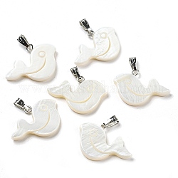 Natural Freshwater Shell Pendants, Whale Charms with Platinum Plated Alloy Snap on Bails, WhiteSmoke, 17x25x3mm, Hole: 5.5x2mm