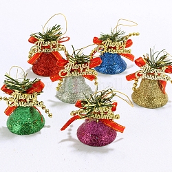 Decoraciones colgantes de plástico gorgecraft, para la Navidad, con cuerda de poliéster, feliz navidad campana, color mezclado, 80x36mm, 6 PC / sistema