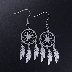 201 Stainless Steel Chandelier Earrings, Woven Net/Web with Feather, Stainless Steel Color, 70x20mm, Pin: 0.7mm