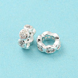Perles de zircone cubique micro pave en Laiton, Plaqué longue durée, sans plomb et sans cadmium, fleur, couleur d'argent, 6.5x3mm, Trou: 3.8mm