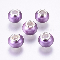 Perlas de concha hechas a mano perlas europeas, Abalorios de grande agujero, con fornituras de latón, rerondana plana, color plateado, medio de la orquídea, 13~14x8.5~10mm, agujero: 5 mm