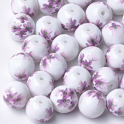 Perles de verre imprimées et peintes au pistolet, ronde avec motif de fleurs, Prune, 10~10.5x9.5mm, Trou: 1.6mm