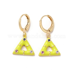 Orecchini pendenti a forma di triangolo in vero ottone placcato oro 18k, con smalto e zirconi, giallo, 27x13.5mm