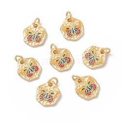 Rack Plating Brass  Enamel Pendants, Cadmium Free & Lead Free & Nickle Free, with Jump Ring, Nuggets with Butterfly, Real 18K Gold Plated, 13x11x1.5mm, Jump Ring: 5x0.6mm, Inner Diameter: 3.5mm