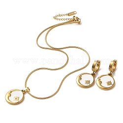 Set di gioielli con luna e fiori dorati in acciaio inossidabile con smalto, orecchini a cerchio pendenti e collana pendente, bianco, collane: 304mm; orecchino: 402 mm