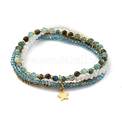 Stretch Bracelets, with Natural Agate Beads, Glass Beads, Brass Beads and Star 304 Stainless Steel Charms, Golden, Inner Diameter: 5.5cm(2-1/8 inch)