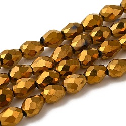 Abalorios de vidrio electroplate hebras, facetados, lágrima, chapado en oro, 7x5mm, agujero: 1 mm, aproximamente 65~67 pcs / cadena, 18~18.5 pulgada (45.5~46.9 cm)