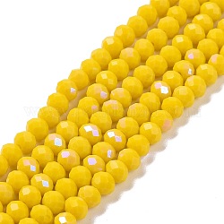 Electroplate opaco colore solido perle di vetro fili, mezzo arcobaleno placcato, sfaccettato, rondelle, giallo, 4x3mm, Foro: 0.4 mm, circa 123~127pcs/filo, 16.5~16.9 pollice (42~43 cm)