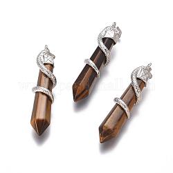 Natural Tiger Eye Big Pendants, with Brass Findings, Snake with Diamond, Platinum Metal Color, 60x12mm, Hole: 5x7mm