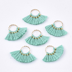 Polycotton(Polyester Cotton) Tassel Pendants Decorations, with Brass Findings, Fan Shape, Golden, Medium Turquoise, 14~15x20~22x1.5mm, Hole: 7mm