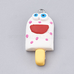 Handmade Polymer Clay Pendants, with Iron Findings, Ice Cream with Smile, Platinum, White, 34~35x16~17x8~9mm, Hole: 2mm