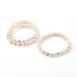 Set di braccialetti elasticizzati con perline elasticizzate di perle d'acqua dolce coltivate naturali 3 pz 3 stili, con perline semi di vetro, colore misto, diametro interno: 2-1/8~2-5/8 pollice (5.3~6.8 cm), 1pc / style