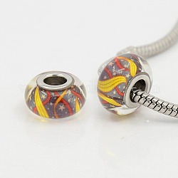 Glass European Beads, Large Hole Beads, with Platinum Color Brass Double Cores, Rondelle with Pattern, Dark Gray, 14~14.5x8mm, Hole: 5mm
