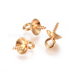 304 Edelstahlbecher Pearl Peg Bails Pin Anhänger, für die Hälfte gebohrt Perlen, golden, 10x6 mm, Bohrung: 2 mm, Stift: 1.3 mm