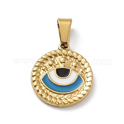 Ion Plating(IP) 304 Stainless Steel Pendants, with Enamel, Golden, Flat Round with Evil Eye Charm, Steel Blue, 18.5x16.5x2mm, Hole: 7.5x3.5mm