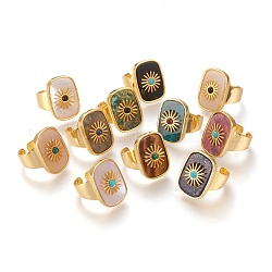 Natural Gemstone or Natural Shell Cuff Rings, Open Rings, Long-Lasting Plated, Rectangle with Sun, Real 18K Gold Plated, Size 7, Inner Diameter: 17mm
