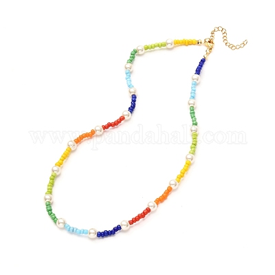 Multicolored Glass Seed & Pearl Bead 13 Inch Choker/necklace Stainless  Steel 2 Inch Extender 