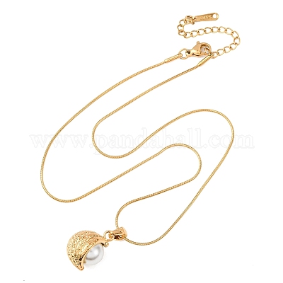 Женские ожерелья-змейки с подвеской в виде луны из нержавеющей стали 304 и искусственного акрилового жемчуга NJEW-F354-08G-1