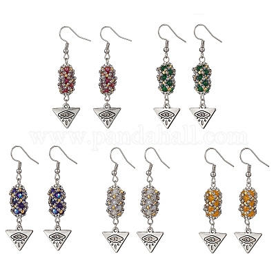 Серьги-подвески в форме треугольного глаза из гальванического стекла и круглого бисера Toho EJEW-MZ00635-1