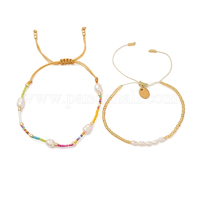Набор разноцветных браслетов из плетеных бусин Миюки и искусственного жемчуга WC1119-1