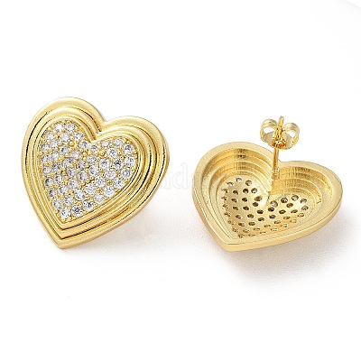 Серьги-гвоздики из латуни с микро-паве и сердечком EJEW-A045-04G-1