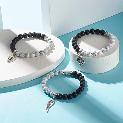 Браслет из натуральной лавы и синтетического говлита с круглыми бусинами BJEW-JB06929-1