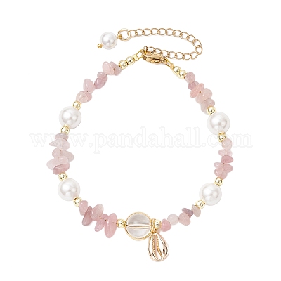 Браслеты из натурального розового кварца и кварцевых кристаллов с бусинами BJEW-JB11917-03-1