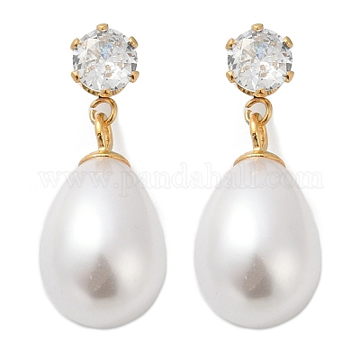 Серьги-гвоздики в форме капли с плоскими круглыми подвесками из нержавеющей стали 304 с прозрачным кубическим цирконием EJEW-F366-01G-02-1