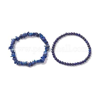 Женские эластичные браслеты с чипсами и круглыми бусинами из натурального лазурита BJEW-JB10189-07-1