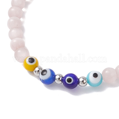 Браслеты из круглых бусин ручной работы с эффектом кошачьего глаза и сглаза для женщин BJEW-JB12289-02-1