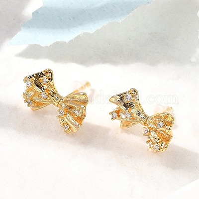 Серьги-гвоздики из латуни с микропаве и бантиком из циркония EJEW-B148-07C-G-1