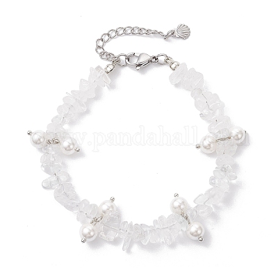 Браслеты из круглых бусин из натурального кварцевого кристалла и стеклянных ракушек BJEW-JB12303-01-1
