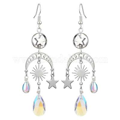 Серьги-люстры из латуни и нержавеющей стали 304 в форме луны EJEW-TA00397-1