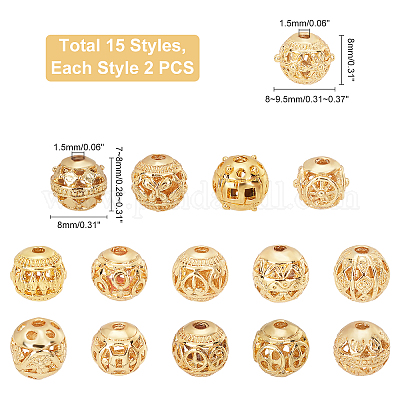 PandaHall 15 Style 8mm Round Spacers Beads, 30pcs 18K Gold Plated