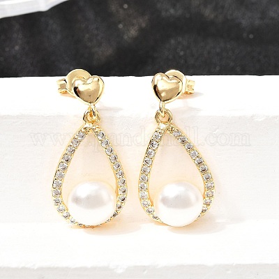 Серьги-гвоздики в форме капли с круглыми латунными микропаве из прозрачных кубических цирконий EJEW-A135-19G-1