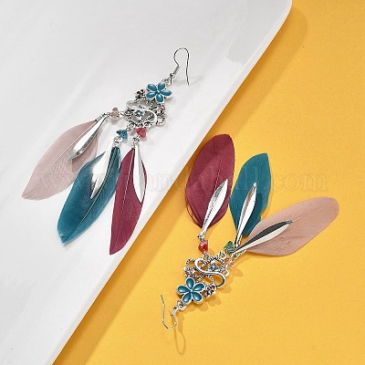 Серьги-люстры из сплава цветов и перьев EJEW-G426-04AS-1