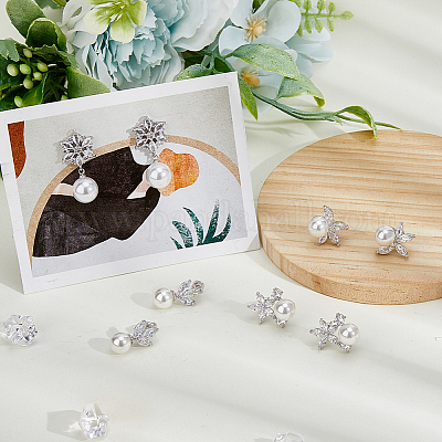 4 пара серег-гвоздиков из латуни с микропаве из кубического циркония и пластиковыми искусственными жемчужинами в двух стилях EJEW-FI0003-11-1