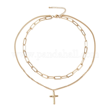 Vacuum Plating 304 Stainless Steel Double Chains Multi Layered Necklace with Cross Charms for Women STAS-E155-09G-1